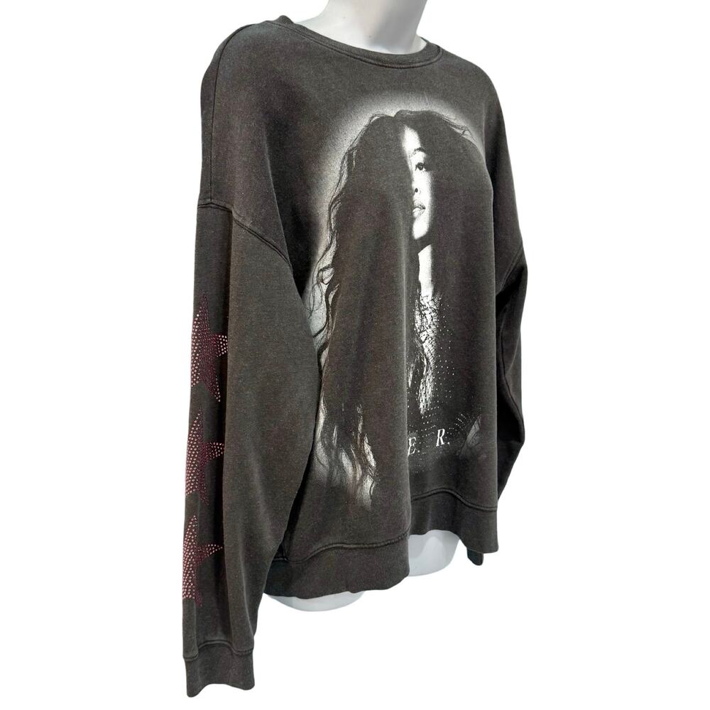 H.E.R. HER Charcoal Gray Pink Star Rhinestone Crew Neck Oversize Sweatshirt sz S - Picture 8 of 9